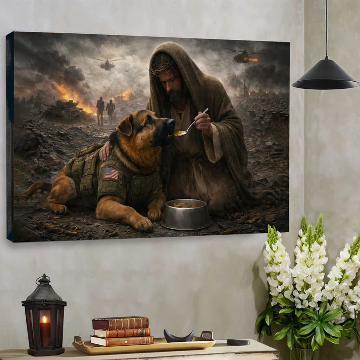 Jesus Feeds the Military Dog - Gallery Wrapped Canvas - INCLUDES FREE SHIPPING