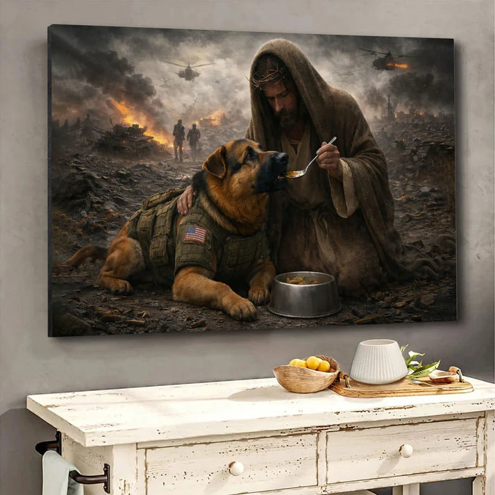 Jesus Feeds the Military Dog - Gallery Wrapped Canvas - INCLUDES FREE SHIPPING
