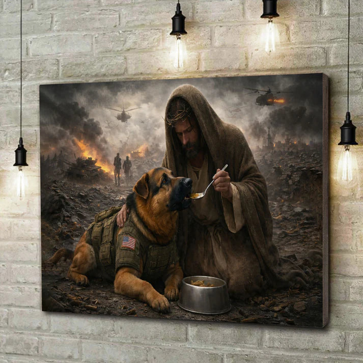 Jesus Feeds the Military Dog - Gallery Wrapped Canvas - INCLUDES FREE SHIPPING