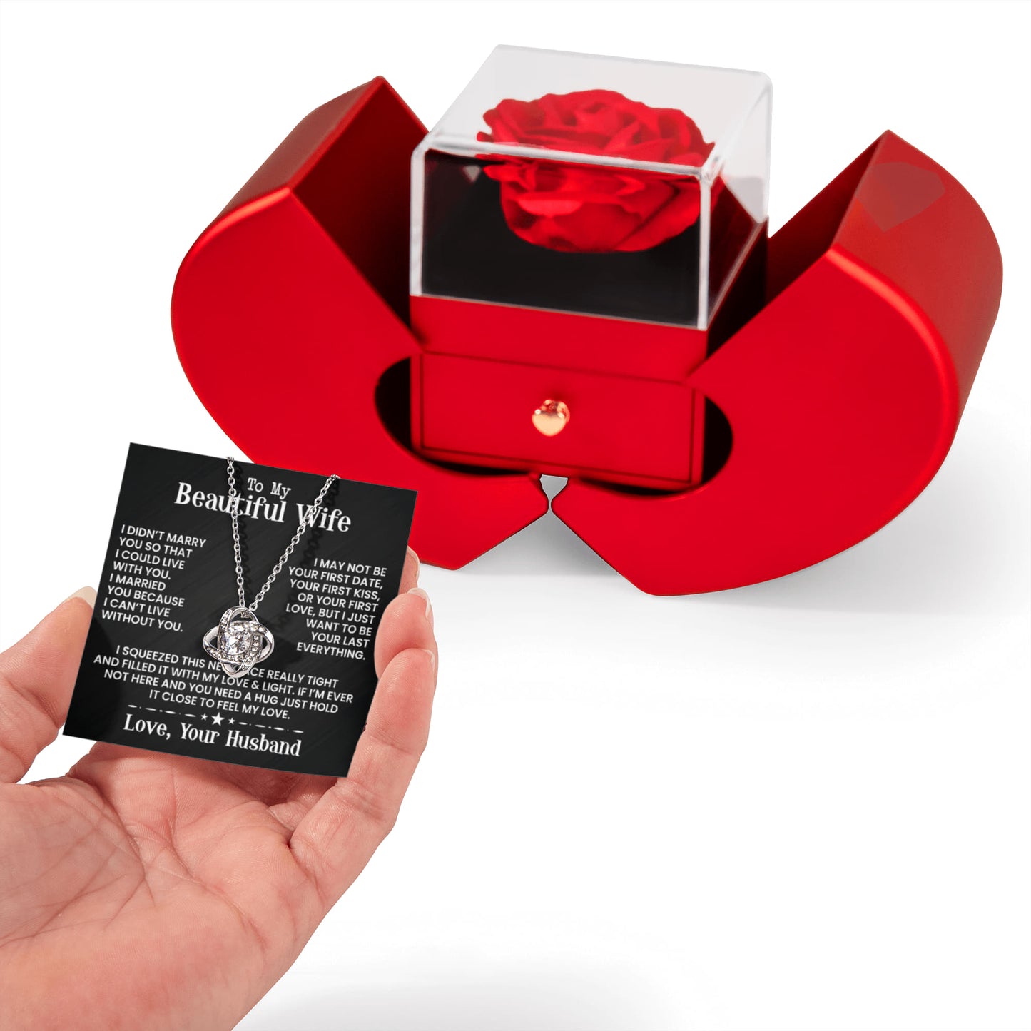 To My Beautiful Wife - Rose and Love knot Necklace Gift Set - INCLUDES FREE SHIPPING