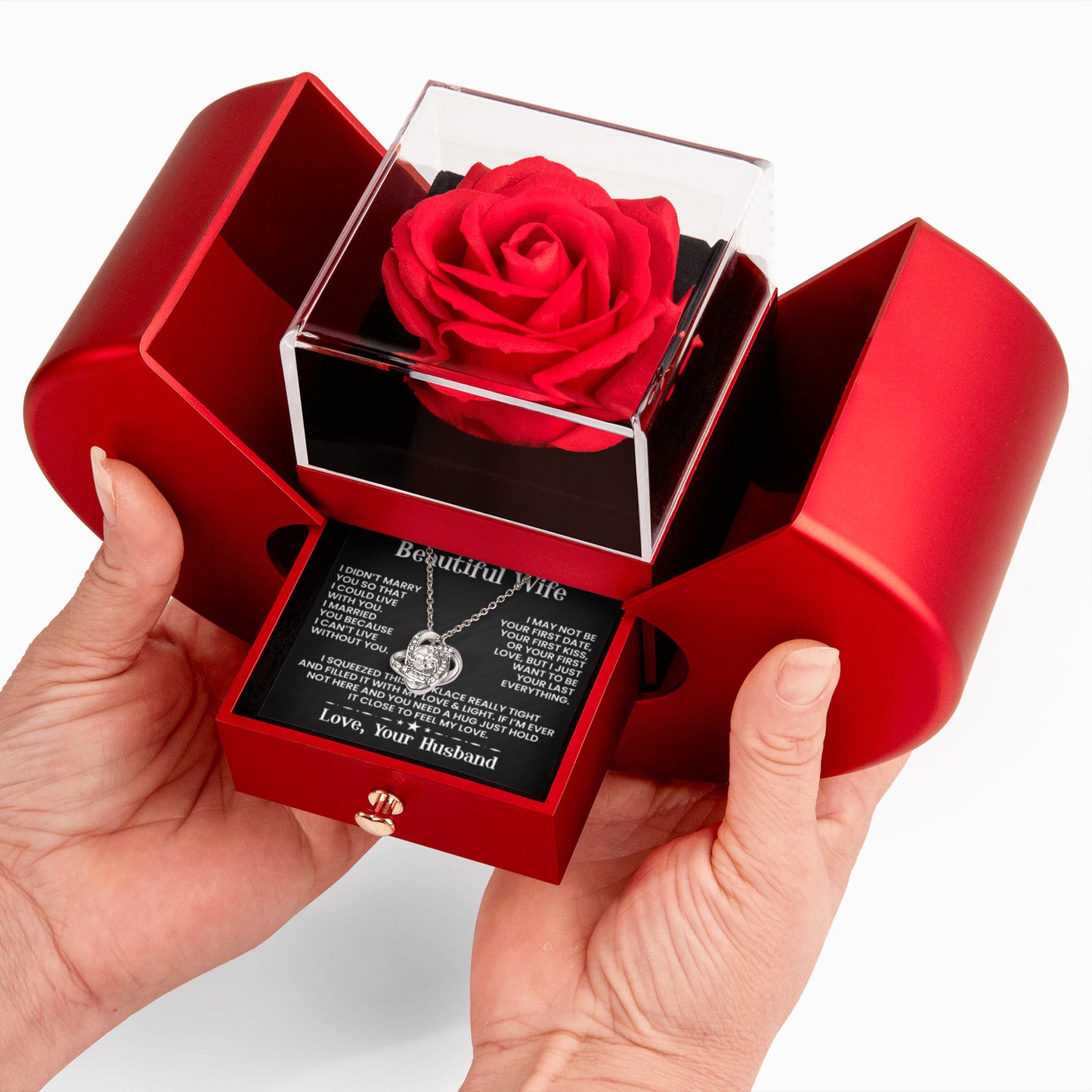 To My Beautiful Wife - Rose and Love knot Necklace Gift Set - INCLUDES FREE SHIPPING