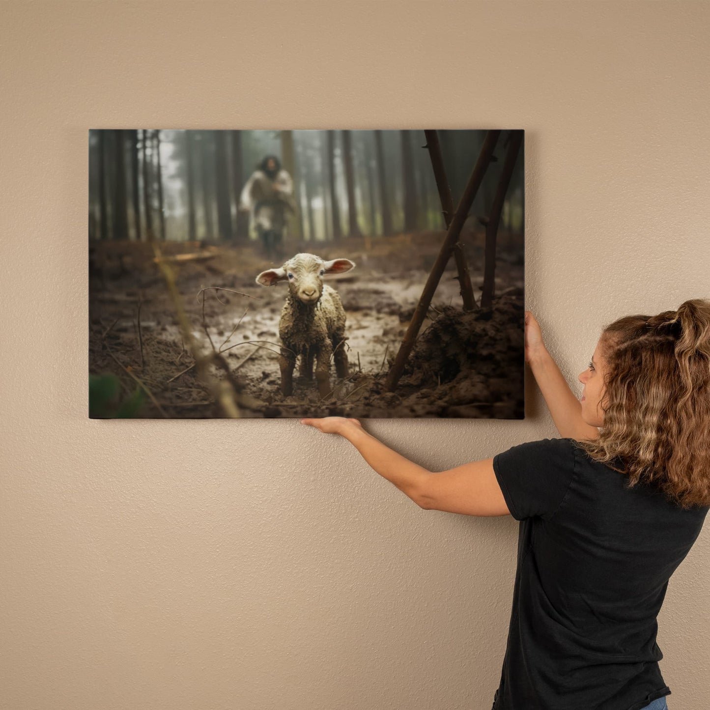 Jesus Running After a Lost Lamb - Gallery Wrapped Canvas - INCLUDES FREE SHIPPING